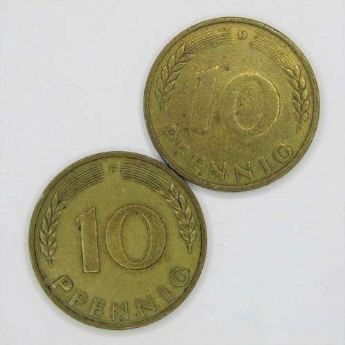 1949 German 10 pfennig coins with mintmarks D, F, G, J - sold as a lot
