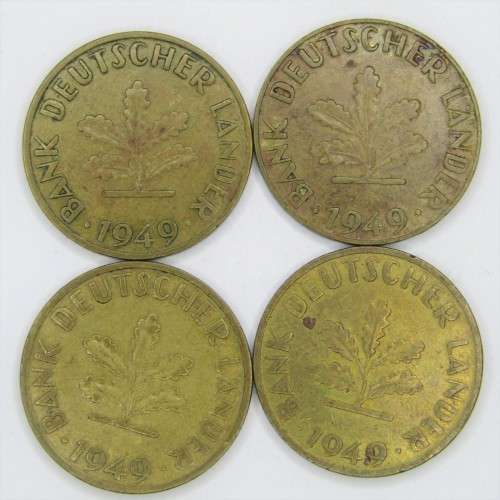 1949 German 10 pfennig coins with mintmarks D, F, G, J - sold as a lot