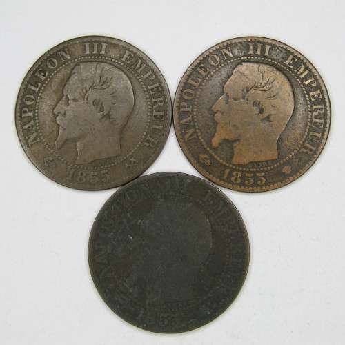 1855 France 5 Centimes W, B and BB mintmarks - sold as a lot