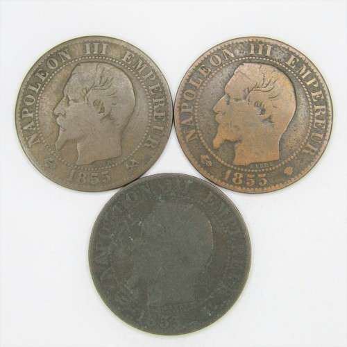 1855 France 5 Centimes W, B and BB mintmarks - sold as a lot
