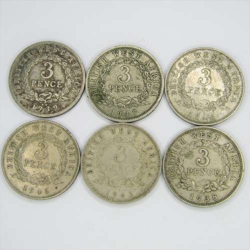 Lot of 6 British West Africa Three Pence coins - 1938, 1939, 1943, 1945, 1946, 1947