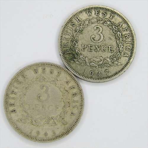 Lot of 6 British West Africa Three Pence coins - 1938, 1939, 1943, 1945, 1946, 1947
