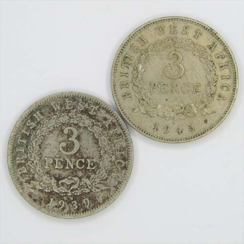 Lot of 6 British West Africa Three Pence coins - 1938, 1939, 1943, 1945, 1946, 1947
