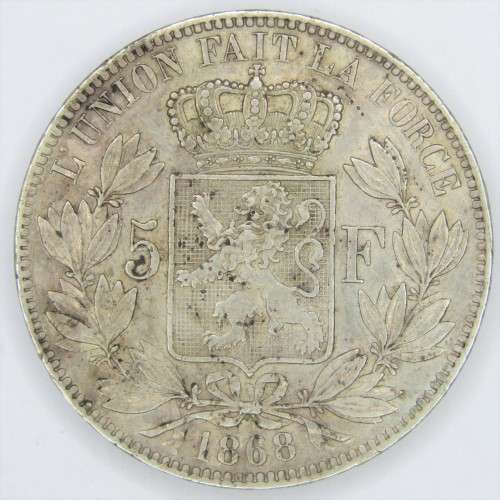 1868 Belgium 5 Francs - position A.KM#24