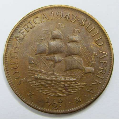 1943 SA Union Half Penny - EF+ - metal flaw obverse
