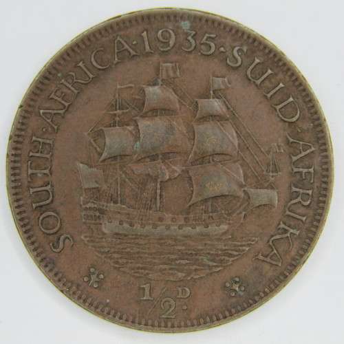 1935 SA Union Half Penny - EF - gash and hole in face