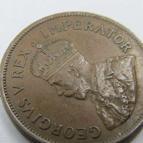 1935 SA Union Half Penny - EF - gash and hole in face