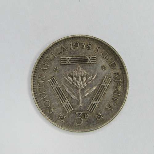 1938 SA Union 3d Three Pence - EF - half leaves on protea variety