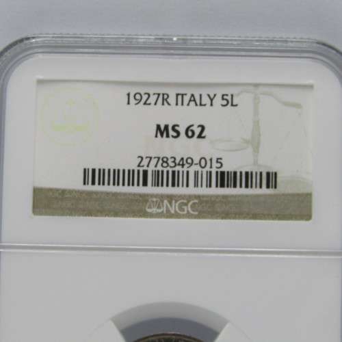 1927 Italy 5 Lire graded MS 62 by NGC
