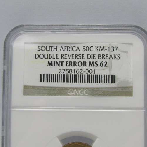 South Africa mint error 1990 ( to 1995 ) 50 cent with double reverse die breaks graded mint error MS