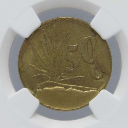 South Africa mint error 1990 ( to 1995 ) 50 cent with double reverse die breaks graded mint error MS