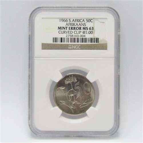 1966 South Africa 50c error coin with curved clip graded mint error MS 63 by NGC