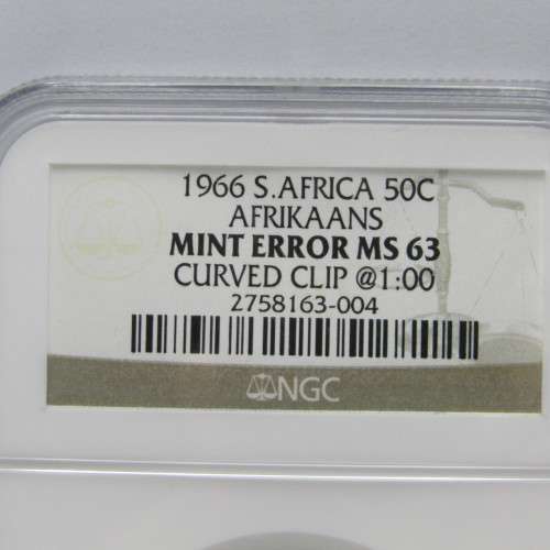 1966 South Africa 50c error coin with curved clip graded mint error MS 63 by NGC