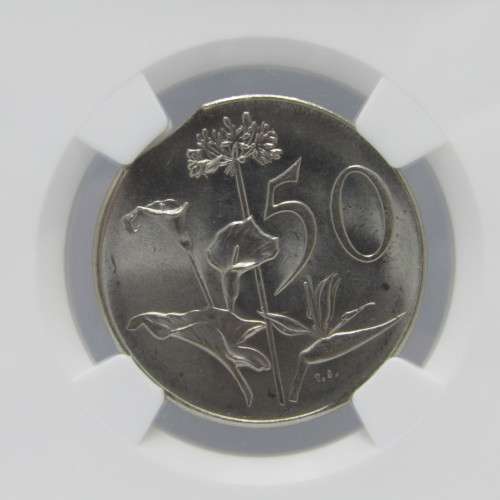 1966 South Africa 50c error coin with curved clip graded mint error MS 63 by NGC