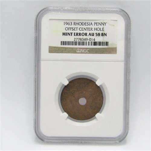 1963 Rhodesia Penny offset center hole mint error AU 58 BN graded by NGC