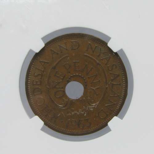 1963 Rhodesia Penny offset center hole mint error AU 58 BN graded by NGC