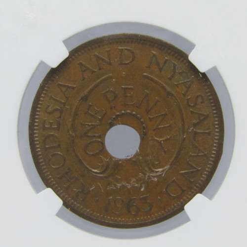 1963 Rhodesia Penny offset center hole mint error AU 58 BN graded by NGC