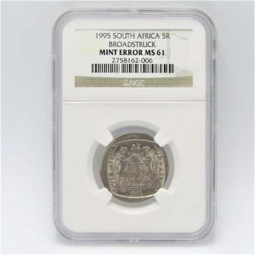 1995 South Africa Mint Error South Africa R5 broadstruck graded mint error MS 61 by NGC
