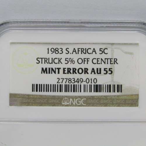 1983 South Africa 5c Struck 5% off center mint error AU 55 graded by NGC