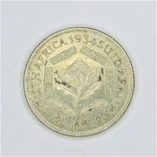 1934 SA Union sixpence EF - variety - Extra jewels in crown