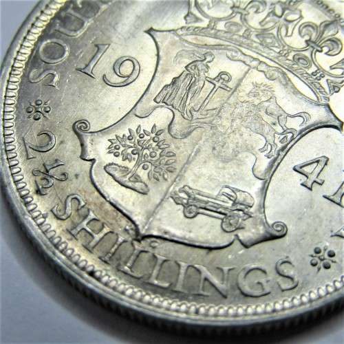 1941 SA Union half crown - AU+ - Bad strike on wildebeest reverse