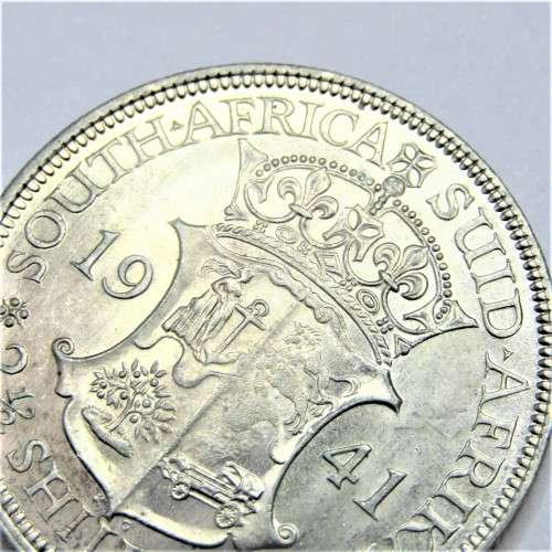 1941 SA Union half crown - AU+ - Bad strike on wildebeest reverse