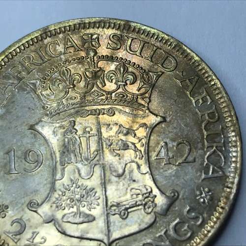 1942 SA Union 2 1/2 Shilling half crown - EF+ wildebeest only partly struck