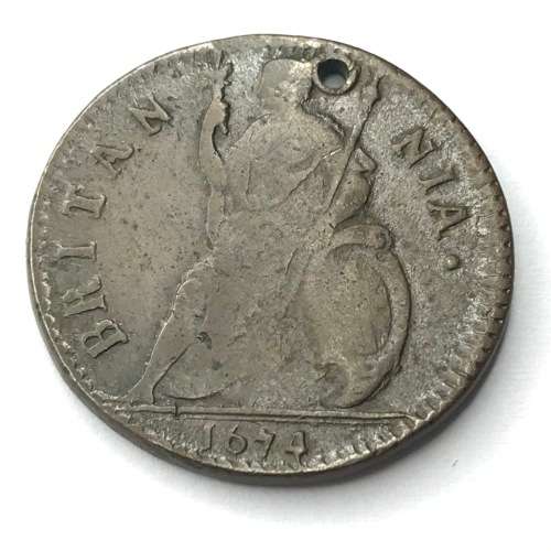 Charles 2 British farthing VF but holed
