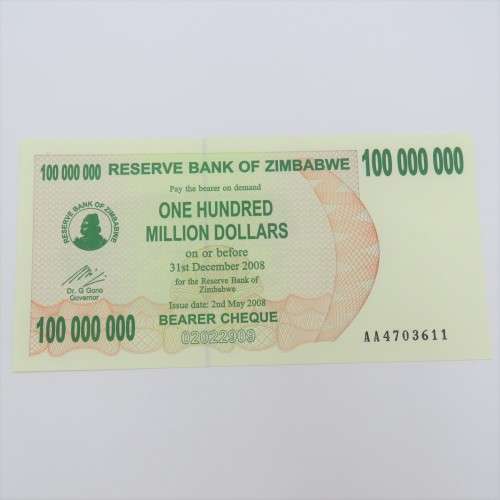 Zimbabwe Bearer cheque 2 May 2008 $100 000 000 - Uncirculated - ZW 93