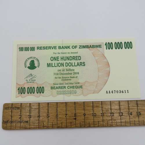 Zimbabwe Bearer cheque 2 May 2008 $100 000 000 - Uncirculated - ZW 93