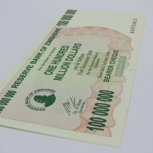 Zimbabwe Bearer cheque 2 May 2008 $100 000 000 - Uncirculated - ZW 93