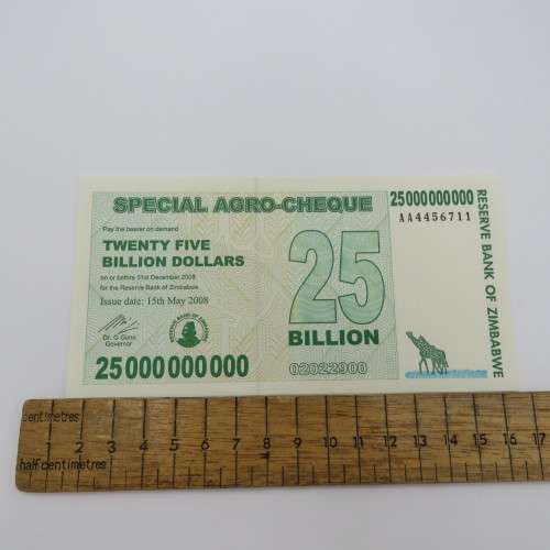 Zimbabwe Bearer cheque 15 May 2008 $25 000 000 000 - 25 Billion dollars uncirculated - ZW 97