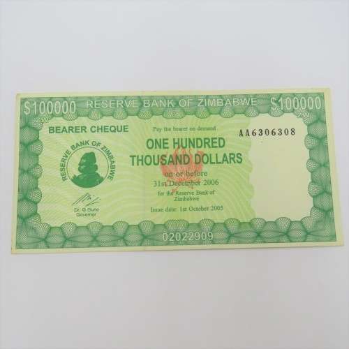 Zimbabwe $100000 - Bearer cheque 1 October 2005 uncirculated - Dirty corner ZW 61