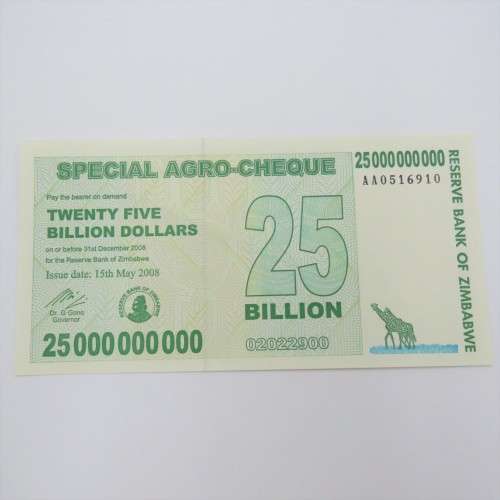 Zimbabwe 25 Billion dollars special AGRO-CHEQUE 15 May 2008 AA Series - Uncirculated ZW 97