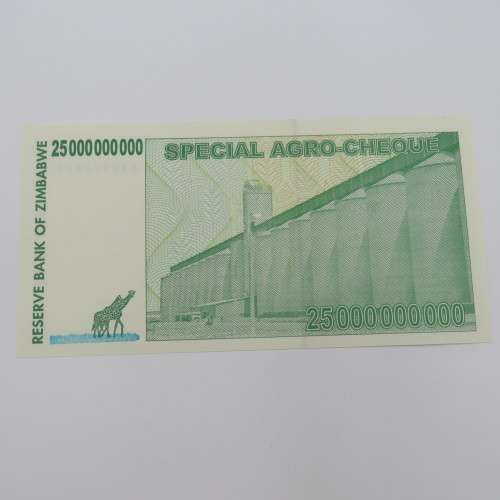 Zimbabwe 25 Billion dollars special AGRO-CHEQUE 15 May 2008 AA Series - Uncirculated ZW 97