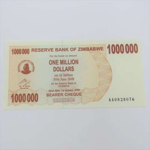 Zimbabwe Bearer cheque 1 Jan 2008 $1000 000 - Uncirculated  - ZW 87