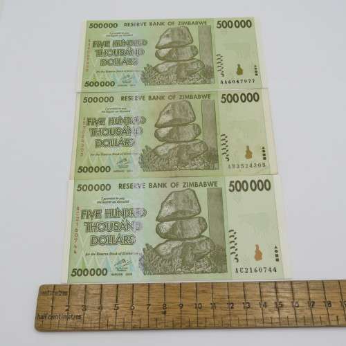 Zimbabwe $ 500 000 - Harare 2008 uncirculated - Lot of 3 with numbers AA, AB and AC ZW 112