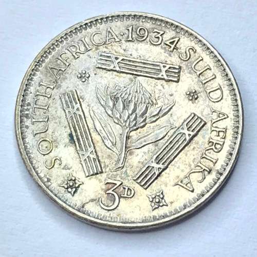 1934 SA Union Threepence tickey - No stop after date - EF