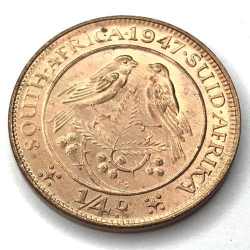 1947 SA Union Farthing - UNC - Brilliant - Reverse bad strike on fern (Middle)