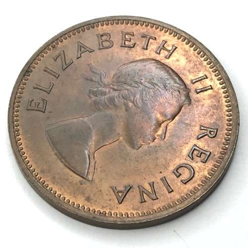 1954 SA Union Half Penny with spot reverse 12 o`clock and fingerprint mark - UNC