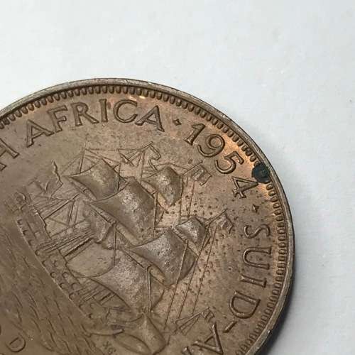 1954 SA Union Half Penny with spot reverse 12 o`clock and fingerprint mark - UNC