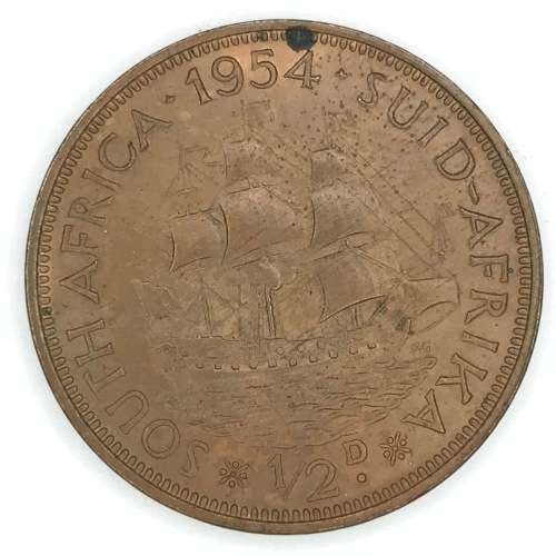 1954 SA Union Half Penny with spot reverse 12 o`clock and fingerprint mark - UNC