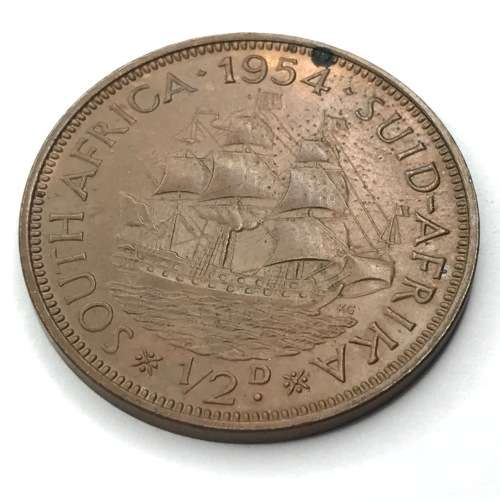 1954 SA Union Half Penny with spot reverse 12 o`clock and fingerprint mark - UNC