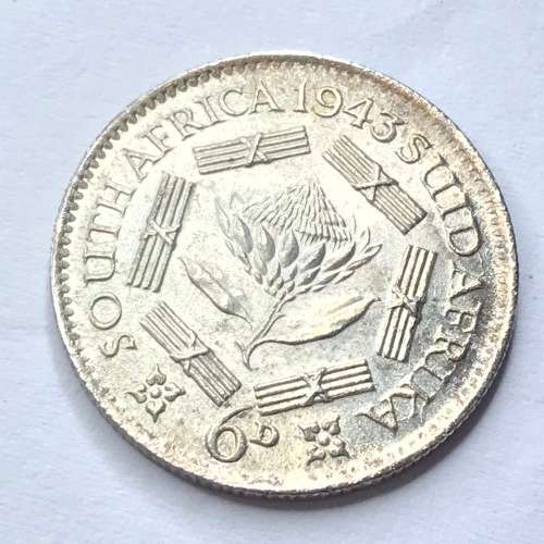 1943 SA Union Sixpence  - AU cracked die