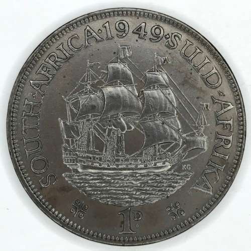 1949 SA Union Penny - UNC - Dark Brown - Metal Flaw above Georges Head