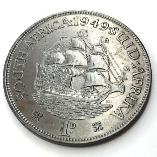 1949 SA Union Penny - UNC - Dark Brown - Metal Flaw above Georges Head