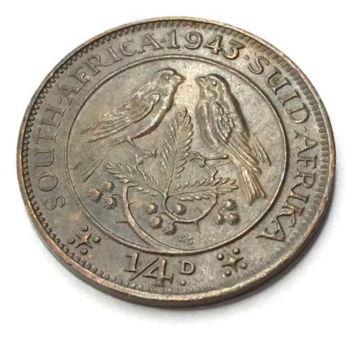 1943 SA Union Farthing - AU+ cracked die through forehead of George