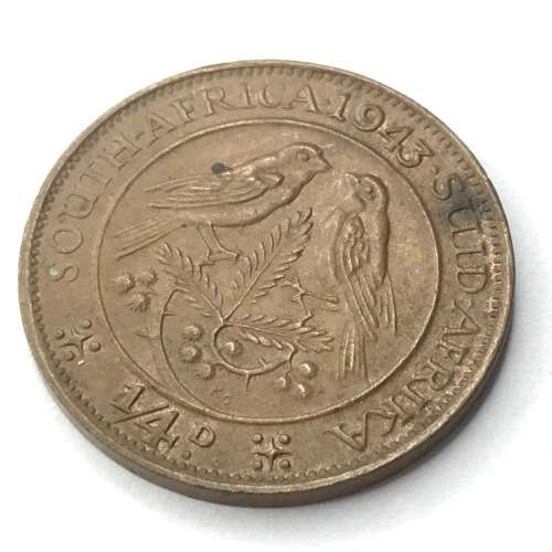 1943 SA Union Farthing - AU - 4 and 3 touching and cracked die obverse