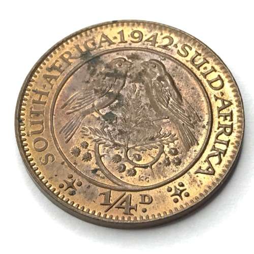 1942 SA Union Farthing - UNC - yellow - cracked die OBVERSE