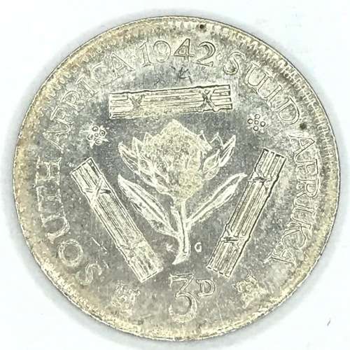1942 SA Union Threepence tickey - AU - bad strike protea